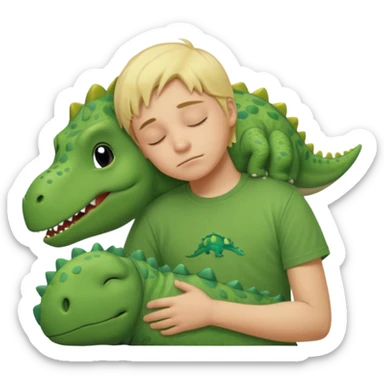 Blond boy sleeping wearing a green dinosaur t-shirt sticker