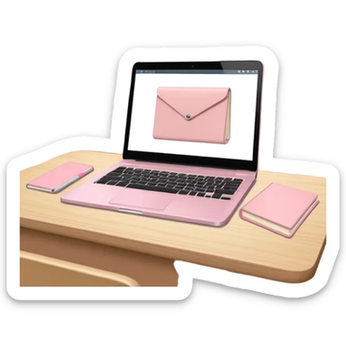 University lecture hall with pastel pink notebook and beige laptop open sticker