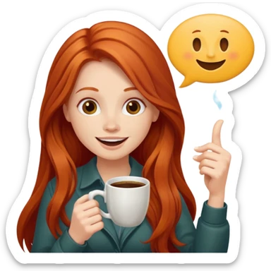 Excited long haired redhead drinking coffee with a sign in front saying GTSY sticker
