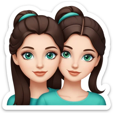Happy sisters, brunettes, bluegreen eyes, makeup, stylish sticker