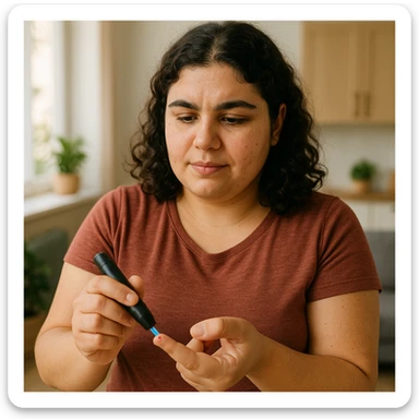 young woman with PCOS measuring blood glucose with glucometer, determined expression, positive atmosphere, realistic details, kitchen or living room background sticker