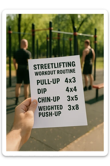 a close-up of a hand holding a printed streetlifting workout routine, with the exercises and sets written in bold text. In the background, an outdoor gym with pull-up bars, dip stations, and athletes wearing weighted belts. The lighting is natural, and the mood is motivational. sticker