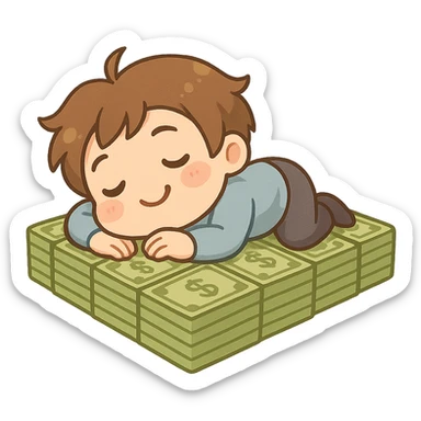 happy person napping on mattress of money sticker