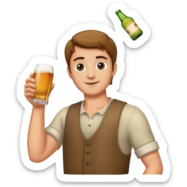 Hombre brazo derecho levantado sujetando una botella de sidra y brazo izquierdo abajo sujetando un vaso de sidra. sticker