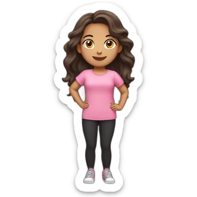 Indonesian girl with long wavy brunette hair, wearing a pink baggy tee and black leggings. sticker