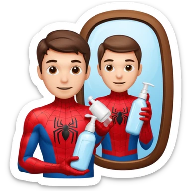 Spiderman holding a bottle of moisturizer, looking in a mirror, fun and casual sticker