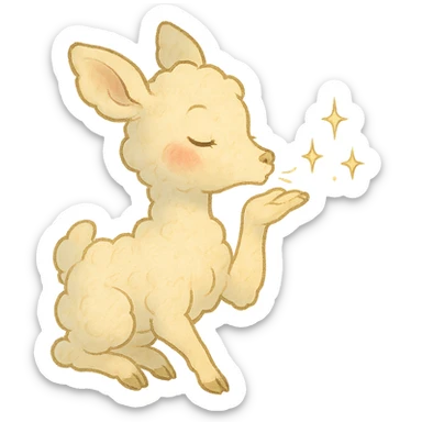 vanilla-colored cloud doe with rosy cheeks, blowing a kiss with sparkles, soft Ghibli style sticker