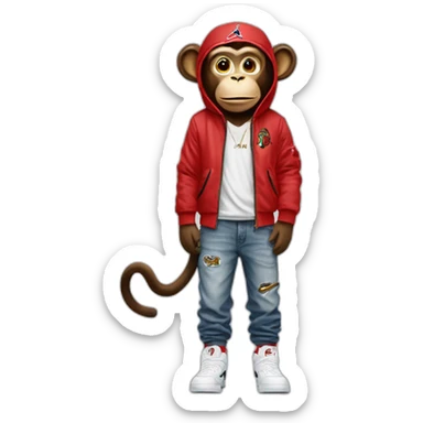 Monkey wearing Jordan 4 on its  feet with a bunch of Nike clothes sticker