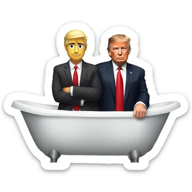 President Donald Trump wearing a suit and red tie in the bath tub with Raymond Falack  sticker