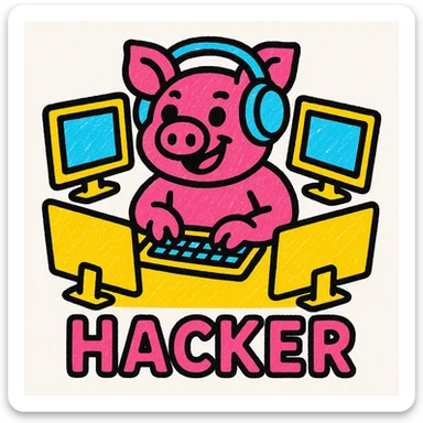 a pig hacker with headphones, using multiple monitors, vibrant colors, pop colors style, bright and lively sticker