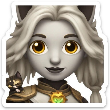 A sun warlock who is pale with brown hair and is holding a black kitten sticker