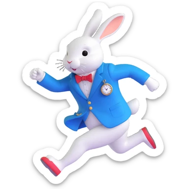 Alice in Wonderland white rabbit running with a pocket watch, wearing a blue jacket, energetic and storybook-inspired style emoji sticker