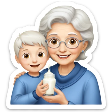 grandmother offering yogurt to grandson sticker