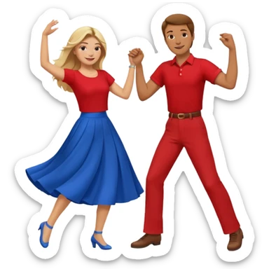 Two people dancing. Man in red shirt and  red pants with brown hair. Women in blue shirt and long skirt with blond hair. sticker