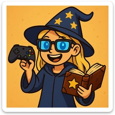 Make the girl wizard have blond hair, blue eyes, and a dark blue outfit. She is a cheerful gamer with a joystick and a spellbook, wearing a pointy hat and gaming glasses. Keep the cheerful and magical gamer theme. sticker
