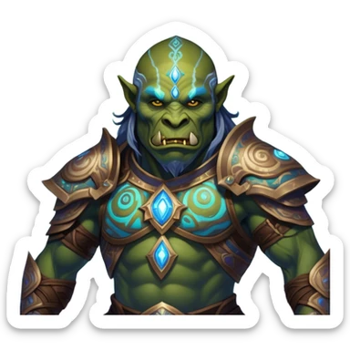 A luminescent galactic enchanted orc, his ethereal presence shimmering with otherworldly energy, each detail radiating with mystical power and ancient wisdom. The painting, a masterpiece of acrylic art, captures the orc's hauntingly beautiful visage in exquisite detail. Swirls of cosmic colors dance around him, evoking a sense of celestial wonder, while intricate patterns of glowing runes adorn his intricate armor. The image is vivid and captivating, drawing viewers into a mesmerizing realm of fantasy and magic. sticker