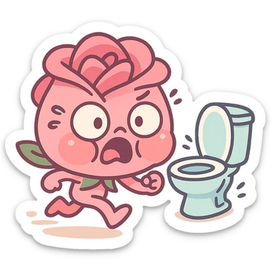 soft pink rose flower with puffed cheeks making a panicked toilet run, eyes bulging, legs dashing, pastel tones, chibi round shape, pastel-toon style sticker