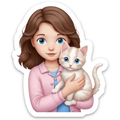 A little girl with wavy brown hair and blue eyes and pale pink clothes holds a white kitten sticker