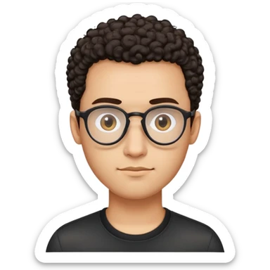 Man with small oval face and big forehead, aviator-style glasses, very short dark curly hair with skin fade (no hair on sides), neutral-friendly expression, light brown skin, wearing a black shirt sticker