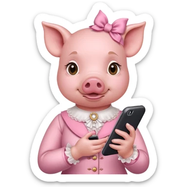 girl pig in victorian pink finery scrolling on a cell phone sticker