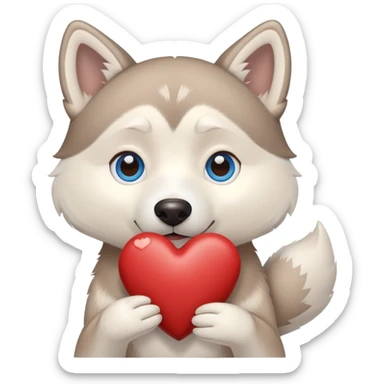 Beige husky with blue eyes holding a brown heart sticker