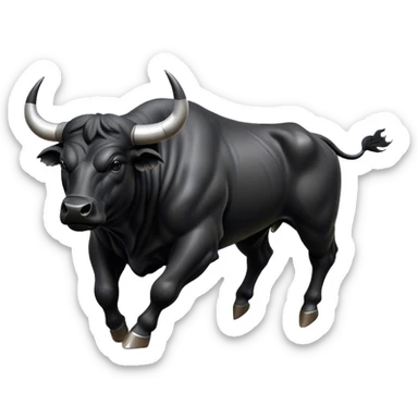 ​Cinematic Realistic Black Charging Bull, depicted in mid-charge with a powerful, muscular form and glossy black hide glistening under dynamic dramatic lighting, dust and motion captured mid-air to exude raw strength and unbridled energy on an expansive arena, sticker