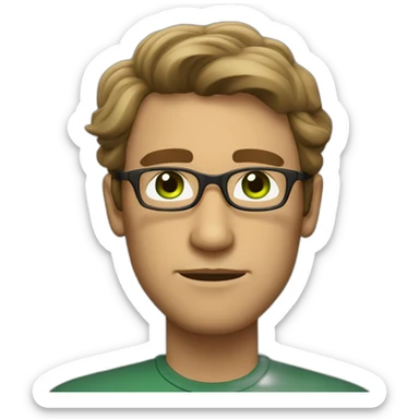 A serious guy with long and a little wavy brown color, green eyes, fairly thin black glasses. sticker