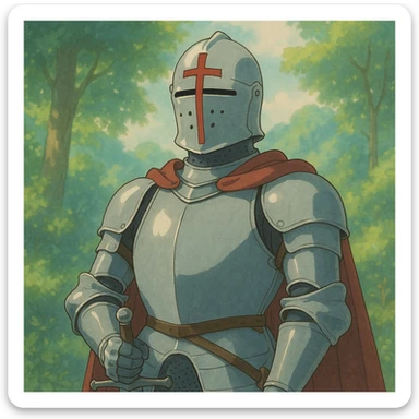 Christian knight in shining armor, helmet with a cross, standing tall, ghibli style sticker