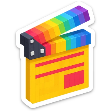 voxel style movie clapperboard with rainbow stripes, isometric view sticker