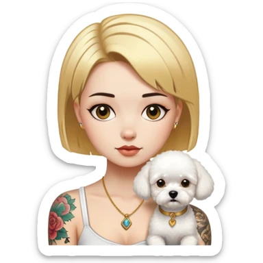 a  girl with glod  straight short hair and tattoos and a Bishon frise sticker