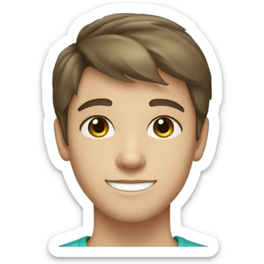 Brown hair teen boy with medium short hair, blue-greenish eyes smiling sticker