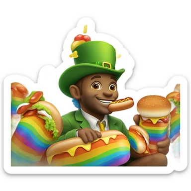 leprechaun on a rainbow eating hotdogs sticker