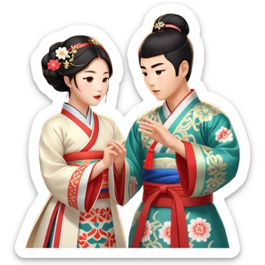 Cinematic Realistic scene of two performers engaging in Ganggangsullae, dressed in traditional Korean costumes with intricate patterns and graceful movements, illuminated by soft, festive lighting that accentuates the cultural ambiance sticker