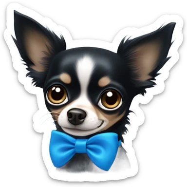 All black long hair chihuahua with blue eyes with a blue bow collar sticker