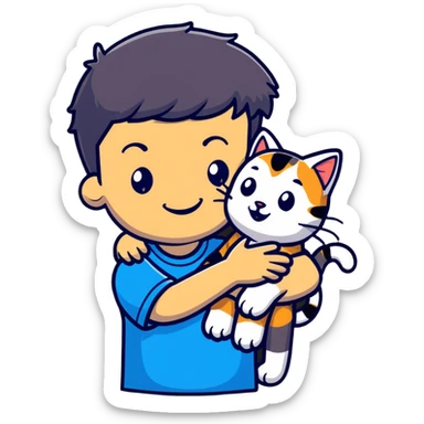 A smiling boy hugging a friendly tabby cat sticker