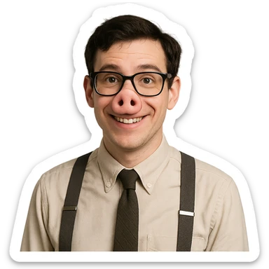 a nerdy person with a pig's snout, wearing suspenders and big glasses sticker