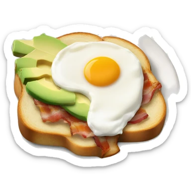Breakfast plate with avocado & cream cheese toast spreaded like chessboard with poached egg and bacon sticker