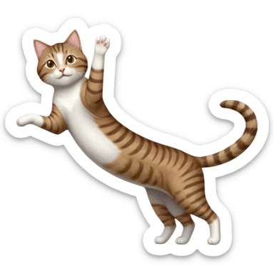 brown tabby and white cat with doing a big extremely long stretch reaching up into the air with arms and legs side by side together straight and overextended whilst lying on its side sticker