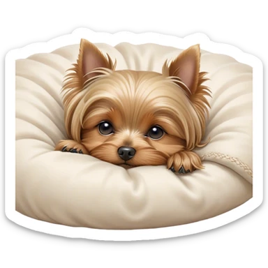 Meme-Worthy Cute Sleeping Yorkshire Terrier Portrait Emoji, Head resting gently with a peaceful, contented expression and softly closed, dreamy eyes, featuring a well-groomed, silky fur in rich hues, simplified yet irresistibly endearing, highly detailed, glowing with a gentle, drowsy radiance, high shine, exuding relaxed, heart-melting charm, styled with a soft glowing outline, capturing the essence of a sleeping Yorkshire Terrier that looks as if it could drift off into a sweet, meme-worthy slumber! sticker