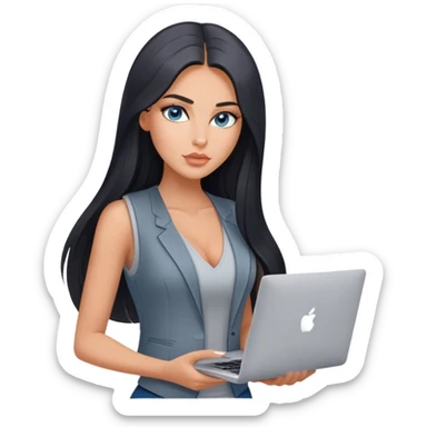 Glamours tanned very beautiful girl with pump peach nude lips and black straight smooth long hair, blue-grey eyes in grey v-neck vest only vest with MacBook sticker