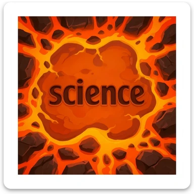 a orange burning planet that has "science" written on it in black letters in a realistic style sticker