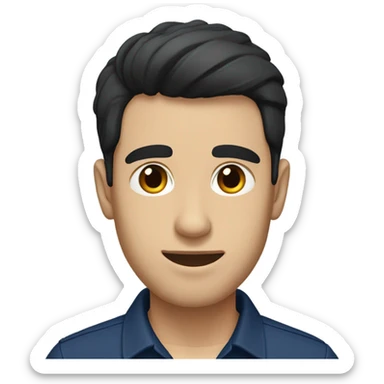 Guy with a navy blue shirt, black straight hair down in front of his forehead and brown eyes sticker