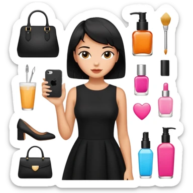 black short hair tanned woman, black dress girly things sticker