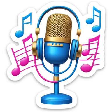 Create a vibrant and energetic emoji that represents pop or stage vocal performance. The design should feature a microphone, a set of musical notes, and a spotlight or stage lighting to symbolize the performance aspect of pop singing. Add elements like studio headphones, a music mixer, or a soundboard to reflect the modern, studio-based nature of pop vocal performance. Use bright colors like neon pink, electric blue, and gold to convey energy, creativity, and the glamour of the stage. The background should be transparent. sticker