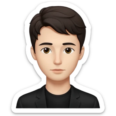 Minimalist emoji of a slender young man doing pilates, smooth rounded face, high cheekbones, almond eyes with dark brows, small button nose, soft lips, defined jawline, tousled dark wavy medium hair, boyish beauty, cute and expressive, flat colors, simple shading. Black accent outfit. sticker