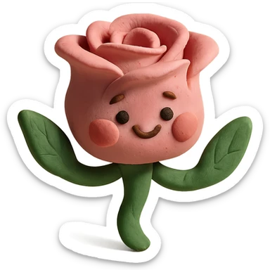 adorable claymation rose character, pastel pink, puffed cheeks, green leaf arms, playful expression, soft clay texture sticker