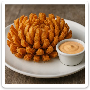 a whole deep-fried onion cut to resemble a flower, crispy and golden, served on a white plate with a ramekin of sauce, inspired by Chili's awesome blossom sticker