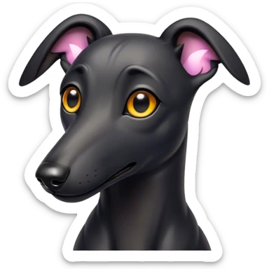 Cinematic Cute Black Greyhound Portrait Emoji, Head tilted playfully and inquisitively, featuring a smooth, shiny jet-black Fur and round, sparkling dark eyes filled with curiosity, Simplified yet irresistibly adorable features, highly detailed, glowing with a warm, friendly glow, high shine, affectionate and agile, stylized with a touch of whimsy, bright and endearing, soft glowing outline, capturing the essence of a mischievous yet loving racer, so playful it feels like it could dash out of the screen and into your arms! sticker