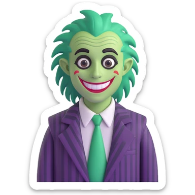 Beetlejuice character, 3D emoji style, green hair, striped suit, big smile sticker