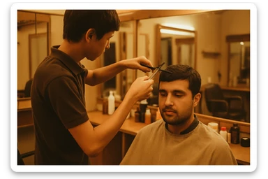 yuzi ko'rinmasin sartaroshxonada ishlayotganini tasvirlab ber mijozlarni sochini olayotganini o'smirin davrini sticker